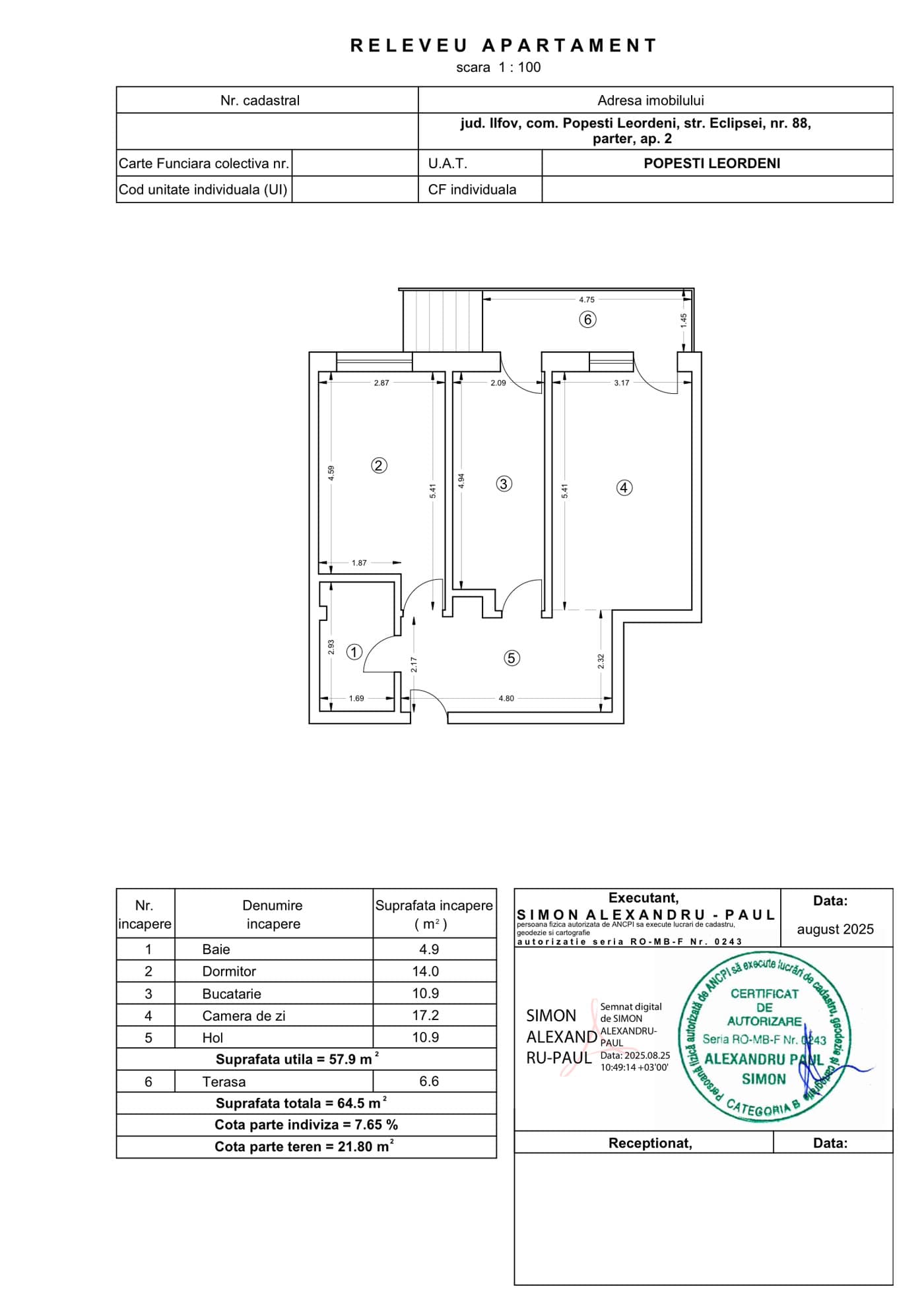 Plan apartament cu 2 camere Niva Residence