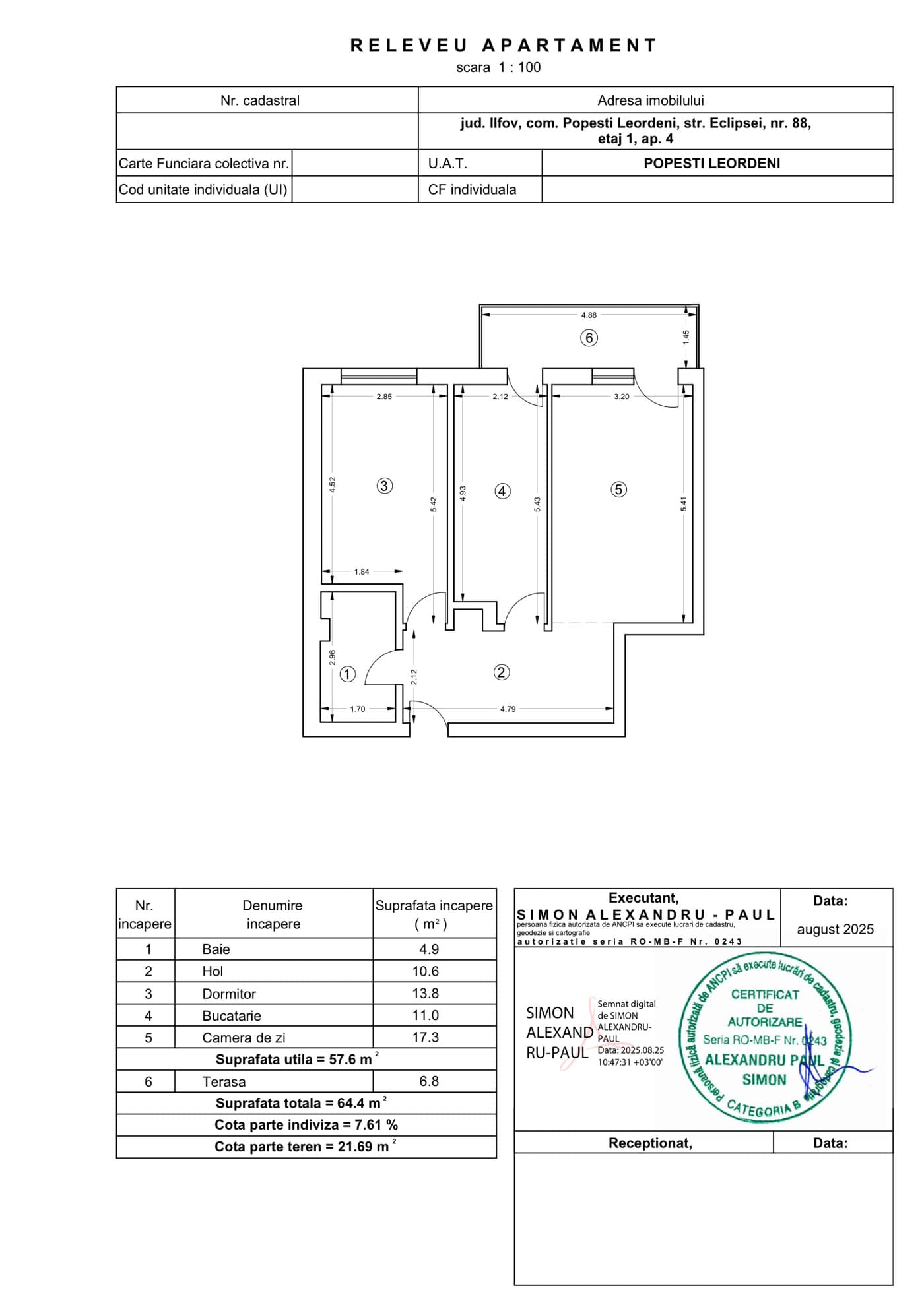 Plan apartament cu 2 camere Niva Residence