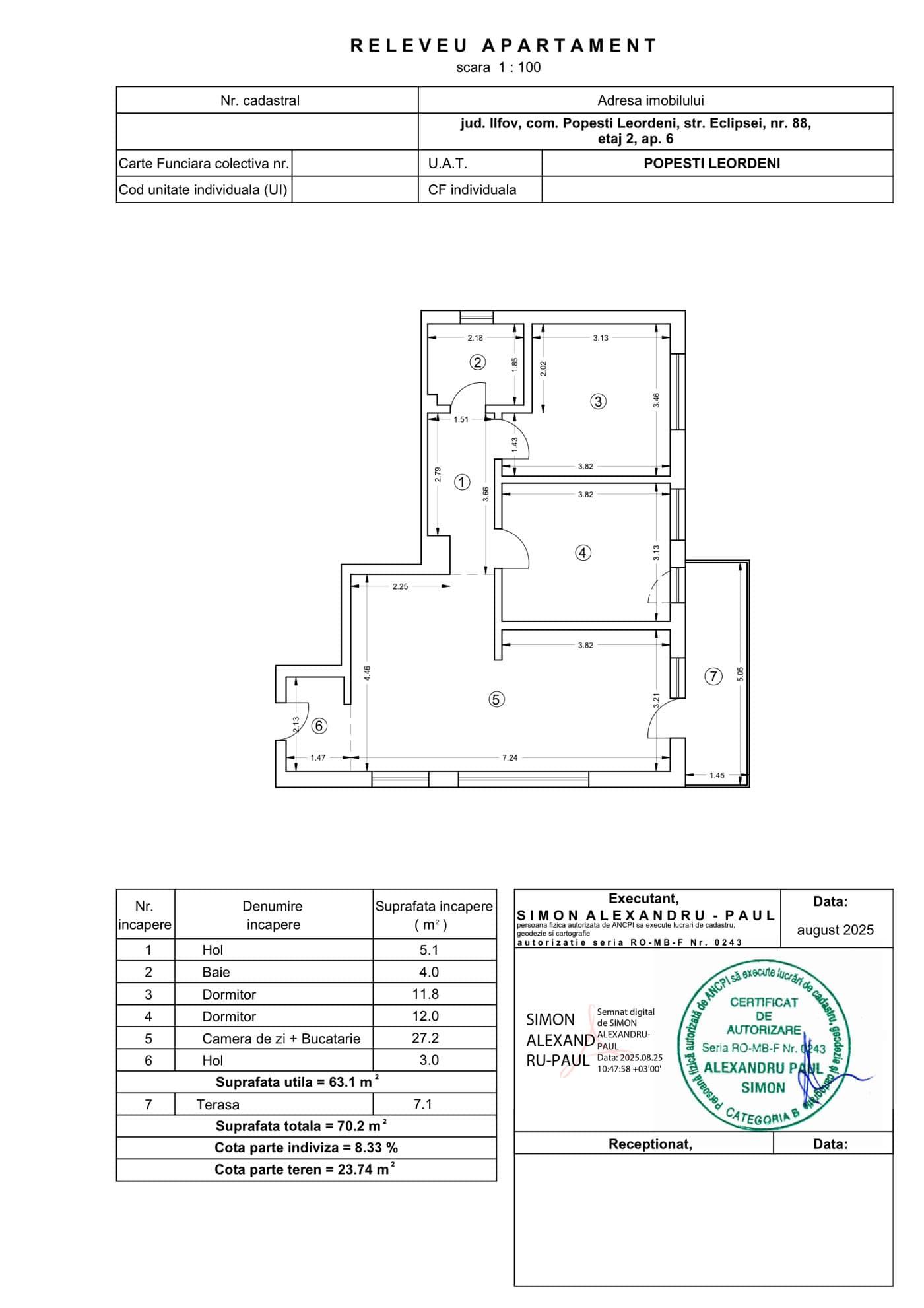 Plan apartament cu 3 camere Niva Residence