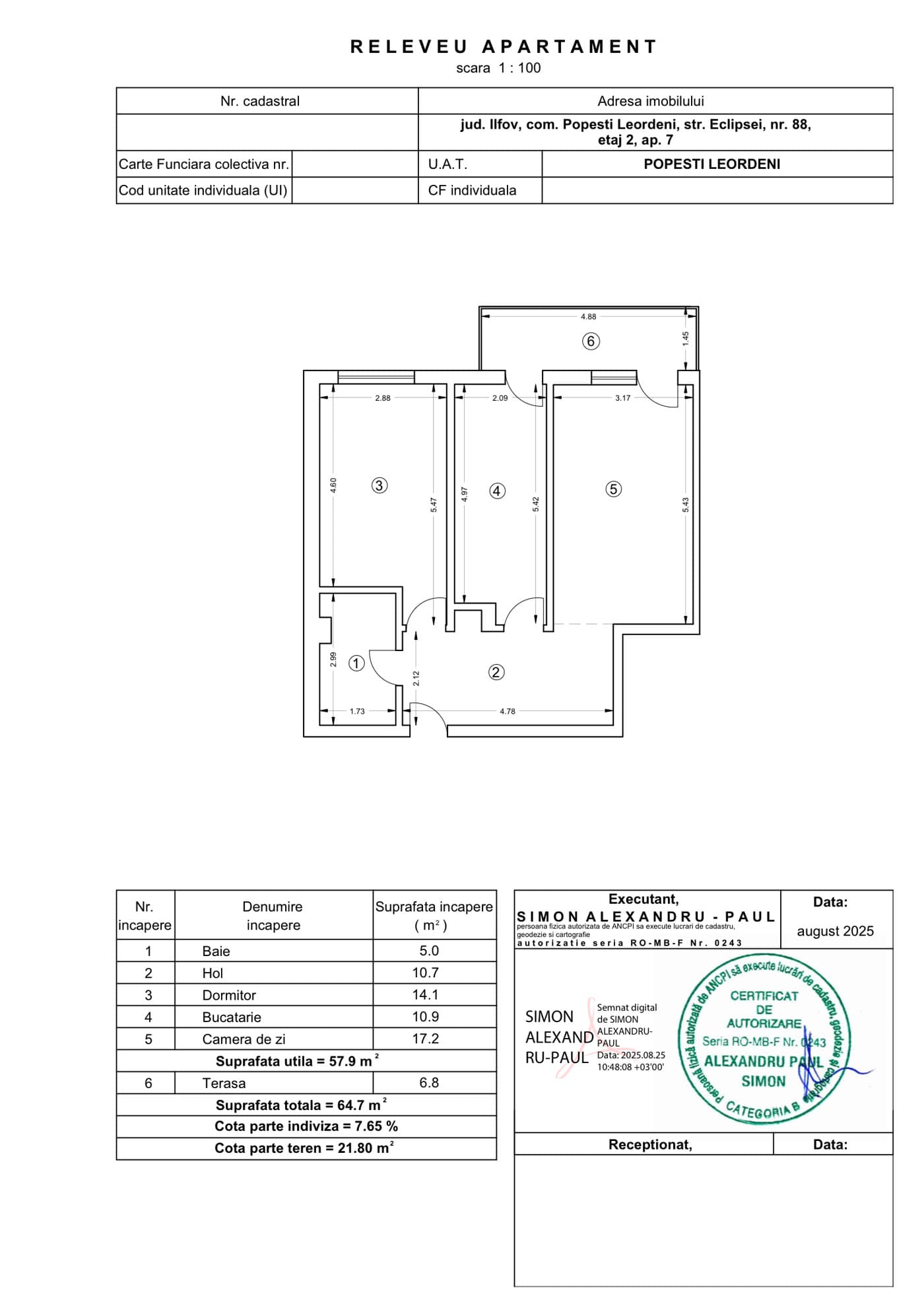 Plan apartament cu 2 camere Niva Residence