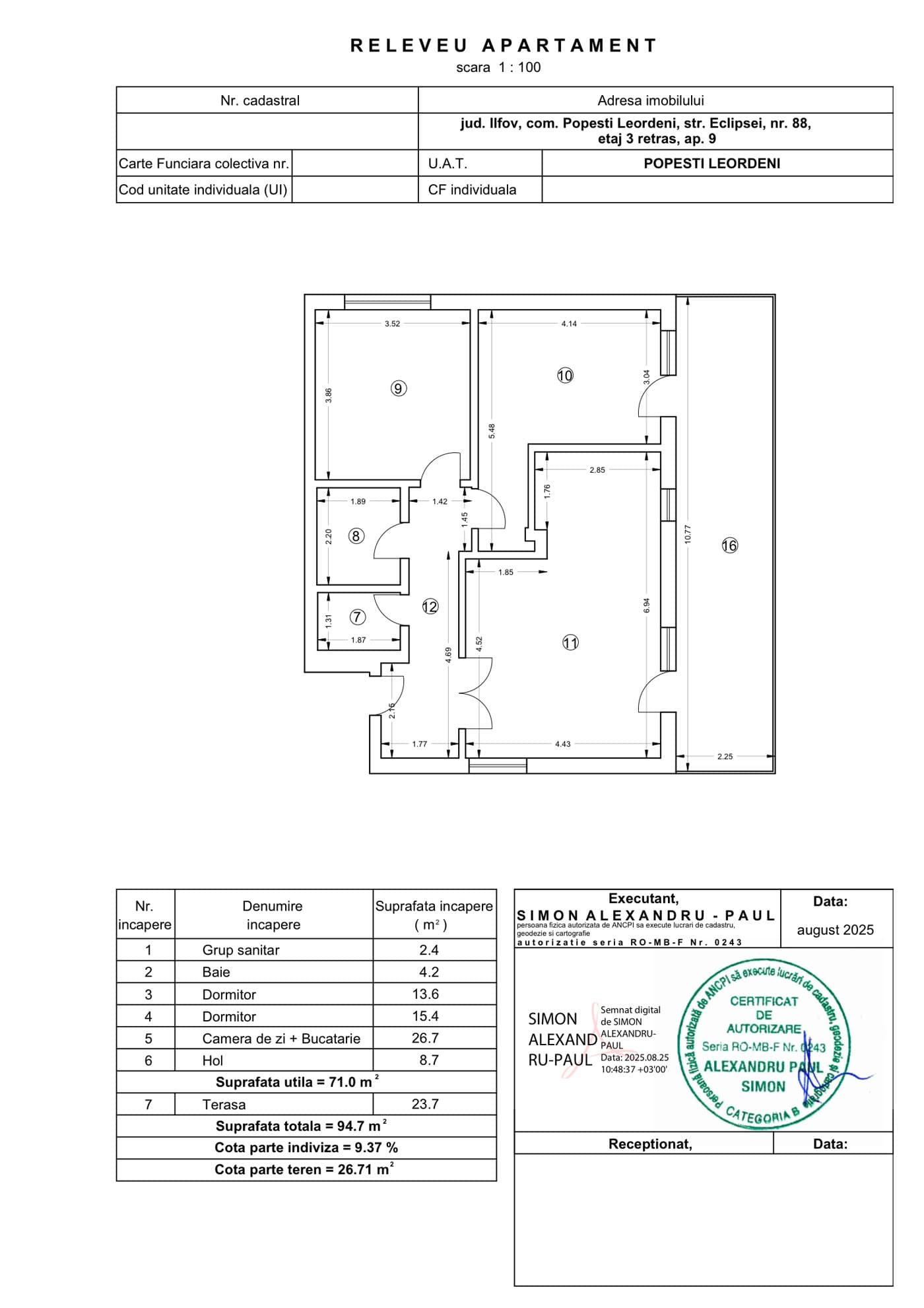 Plan apartament cu 3 camere Niva Residence