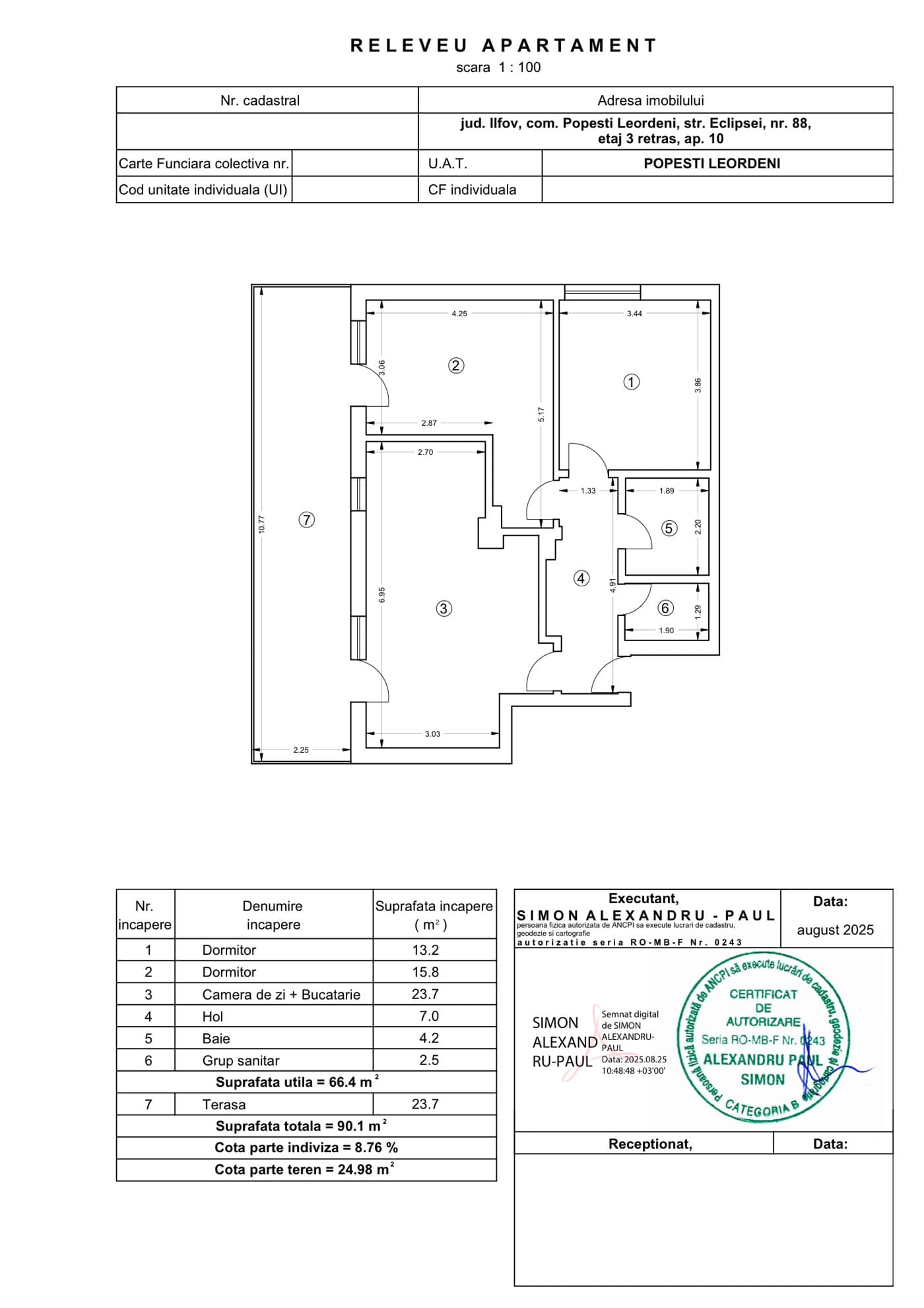 Plan apartament cu 3 camere Niva Residence